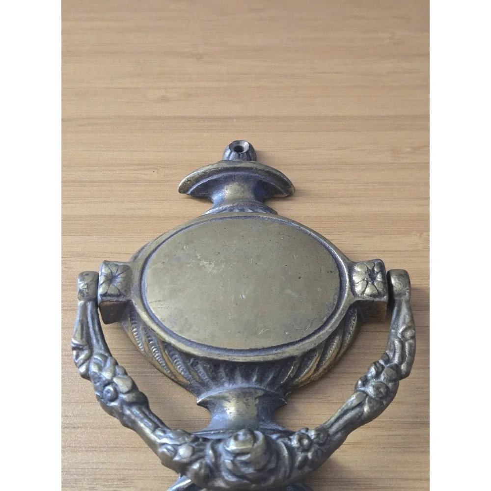 Vintage Neoclassical Solid Brass Door Knocker With Ram Head And Blank Cartouche